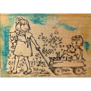 Stampin Up Little Girls‎ Playing With Wagon Rubber Stamp 2001 Vintage SEE